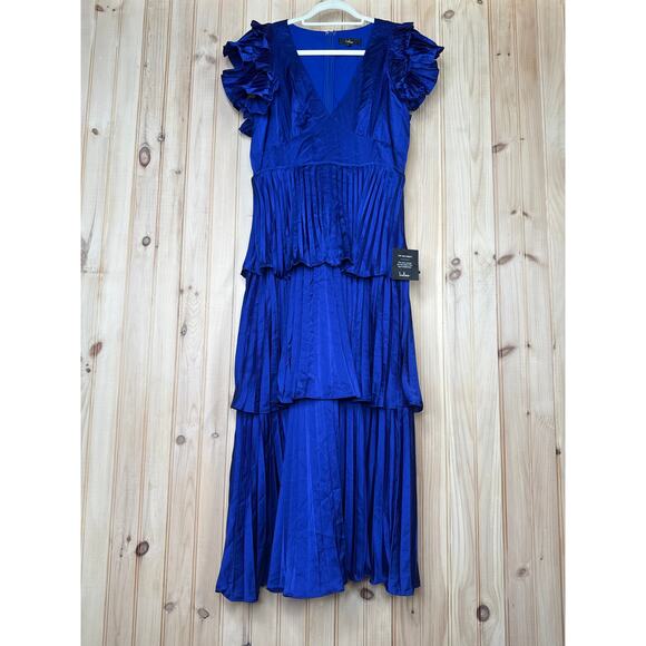 NWT Lulus Stunning Desire Cobalt Blue Satin Pleated Tiered Midi Dress Ruffle M - Picture 2 of 8